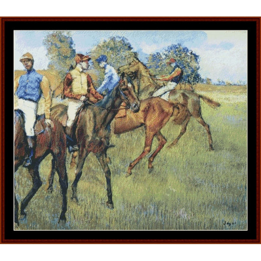 Counted Cross Stitch Pattern – Race Horses by Edgar Degas - Cross Stitch Collectibles - A framed impressionist painting depicting horse racing, with several riders on horseback in a grassy field under a blue sky. 
