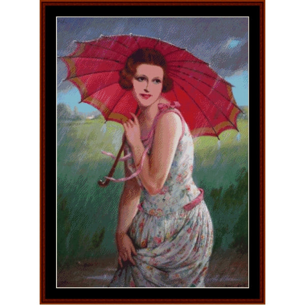Counted Cross Stitch Pattern – Rainy Day by Francois M. Kavel - Cross Stitch Collectibles - A framed vintage-style portrait painting of a woman holding a red parasol in a rain-like outdoor scene.