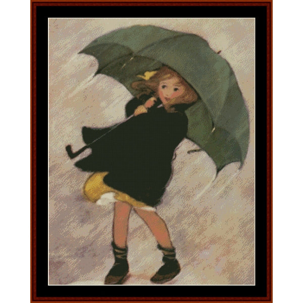 Counted Cross Stitch Pattern – Rainy Day by Jesse Willcox Smith - Cross Stitch Collectibles - A framed art print depicting a young girl with light brown hair holding a large green umbrella in the rain. She is wearing a black coat, a yellow skirt, and black boots.
