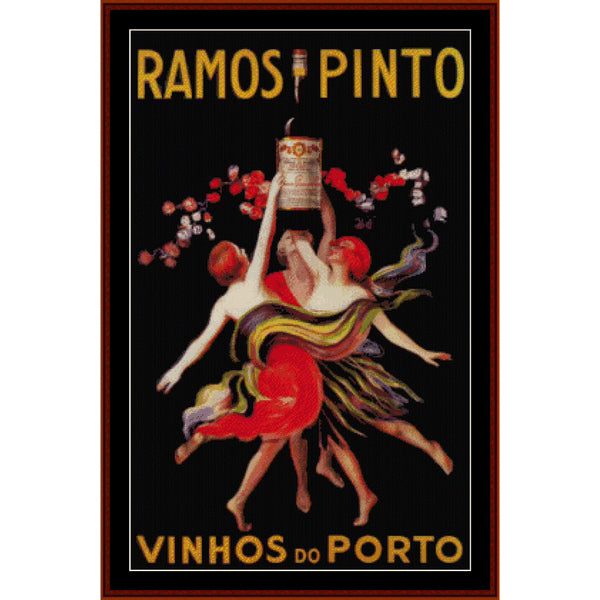Counted Cross Stitch Pattern – Ramos Pinto, Vintage Poster - Cross Stitch Collectibles - A vintage-style wine label or poster reading 'RAMOS PINTO VINHOS DO PORTO' on a black background, with two dancing figures in red, yellow, and green garments and red flowers.