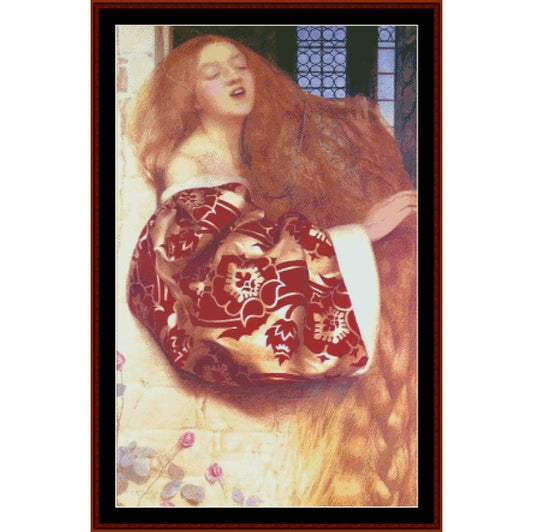 Counted Cross Stitch Pattern – Rapunzel by Frank C. Cowper - Cross Stitch Collectibles - A framed art print featuring a vintage-style painting of a woman with long red hair, wearing a red and white patterned dress, set against a light stone wall.