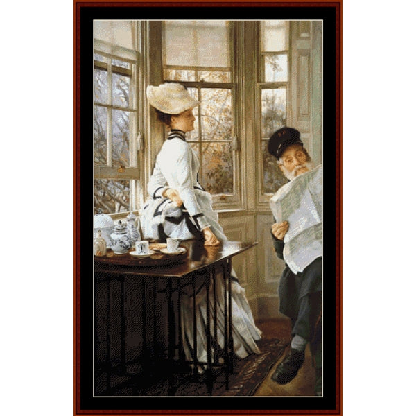Counted Cross Stitch Pattern – Reading the News by James T. Tissot - Cross Stitch Collectibles - A framed art print depicting a Victorian-era scene with a woman in a white dress and hat standing by a table with teacups, and a man in a dark hat reading a newspaper by large windows.