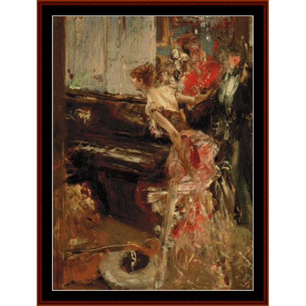 Counted Cross Stitch Pattern – Recital by Giovanni Boldini - Cross Stitch Collectibles - An impressionist-style painting depicting a woman in a flowing pink dress seated at a piano, with a man standing nearby in a dark suit.