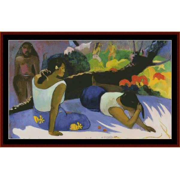 Counted Cross Stitch Pattern – Reclining Tahitian Women by Paul Gauguin - Cross Stitch Collectibles - A framed art print featuring a colorful painting of figures in an outdoor scene, with one seated woman in white and blue, another figure lying down, and others in the background. 