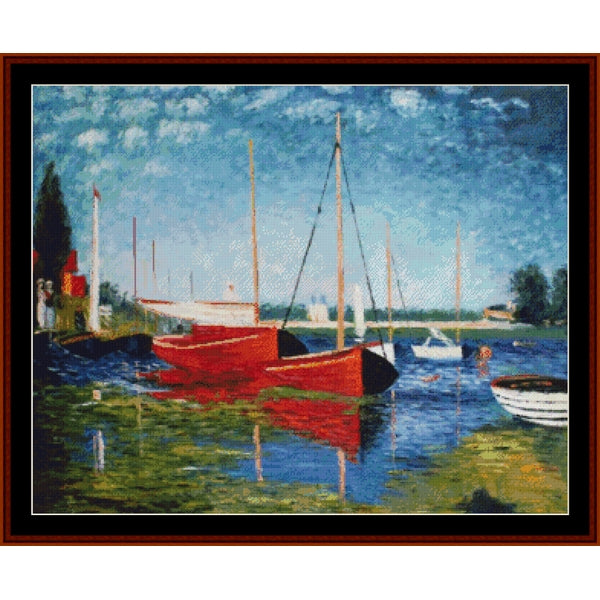 Counted Cross Stitch Pattern – Red Boats at Argenteuil by Claude Monet - Cross Stitch Collectibles - Framed impressionist-style painting of several boats moored in calm water under a blue sky, with reflections in the water 