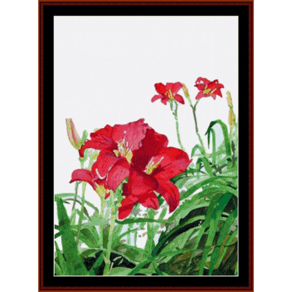 Counted Cross Stitch Pattern – Red Day Lilies - Cross Stitch Collectibles - Framed floral artwork showing red lilies with green leaves on a white background