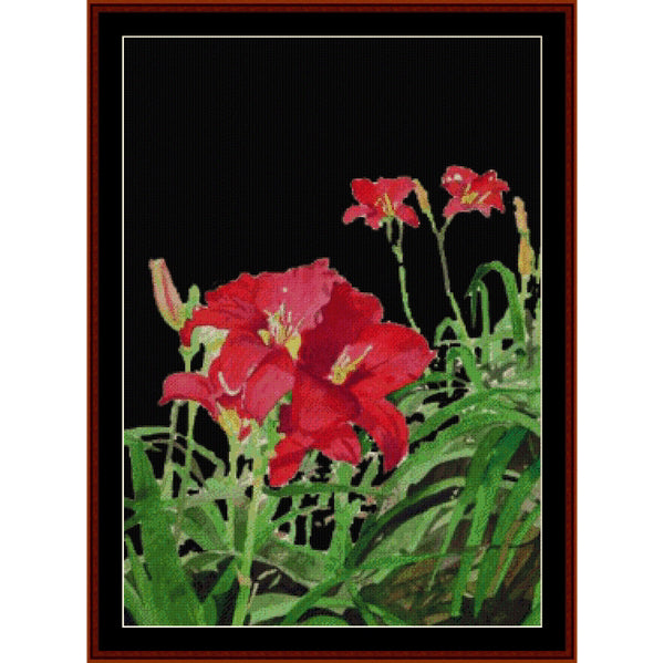 Counted Cross Stitch Pattern – Red Day Lilies, Night - Cross Stitch Collectibles - Framed floral artwork showing bright red lily-of-the-valley flowers with green leaves against a black background