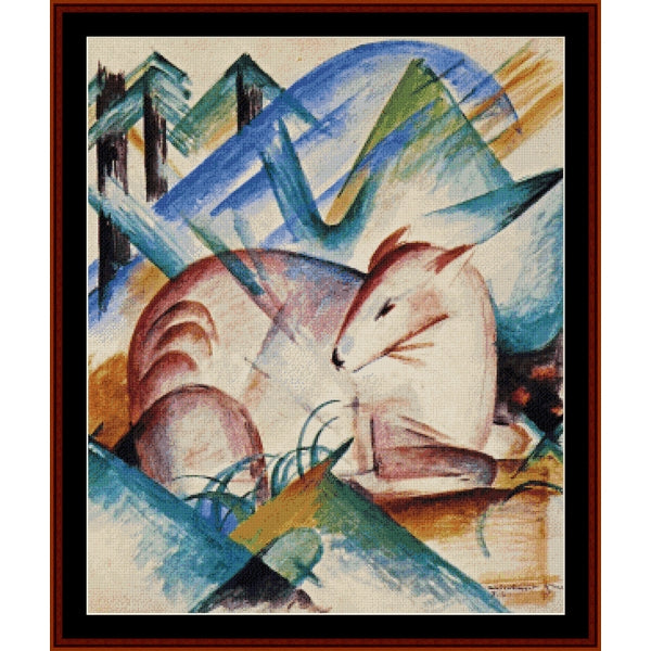 Counted Cross Stitch Pattern – Red Deer by Franz Marc - Cross Stitch Collectibles - A framed abstract artwork depicting a fox in a stylized, geometric expressionist style. The painting features blue, green, brown, and beige brushstrokes