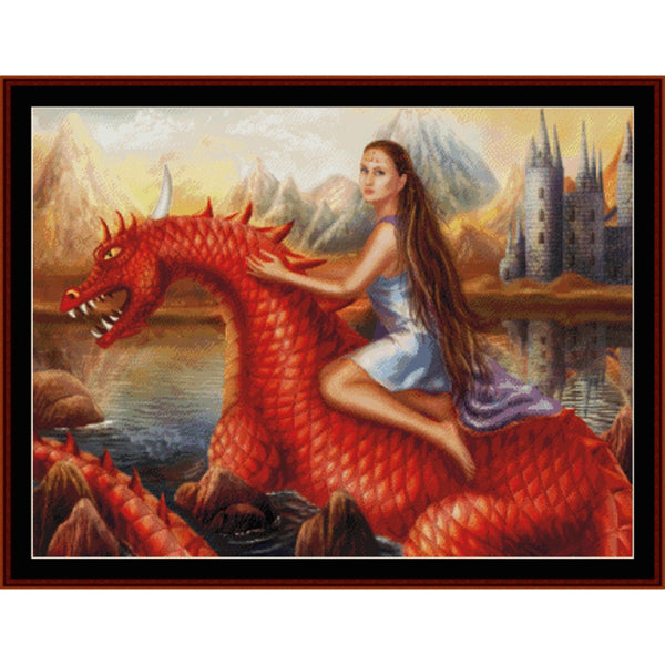 Counted Cross Stitch Pattern – Red Dragon, Fantasy - Cross Stitch Collectibles - A framed fantasy artwork showing a woman in a light blue dress riding a large red dragon over water, with mountains and a castle in the background.