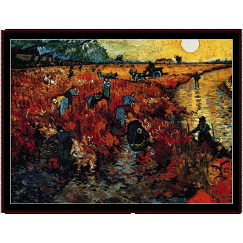 Counted Cross Stitch Pattern – Red Field at Sunset by Vincent Van Gogh - Cross Stitch Collectibles - A framed impressionist-style painting depicting a rural landscape at sunset, with figures working in a red field beside a reflective waterway under a glowing yellow sun.