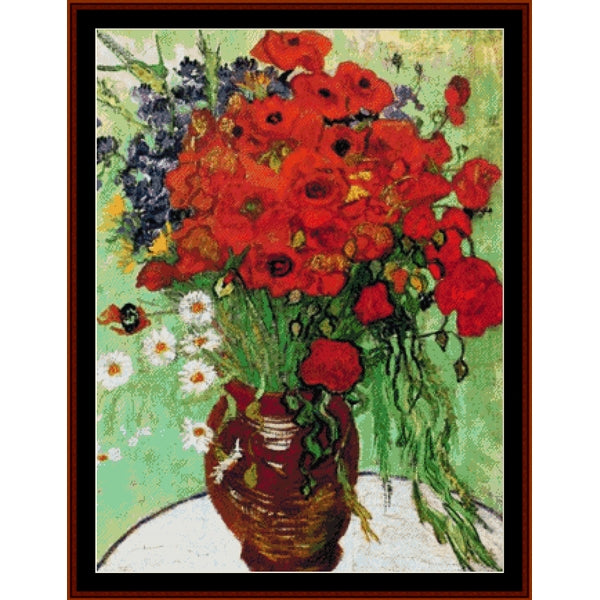 Counted Cross Stitch Pattern – Red Poppies and Daisies by Vincent Van Gogh - Cross Stitch Collectibles - A framed still life painting featuring a large bouquet of red poppies and other flowers in a brown vase against a light green background