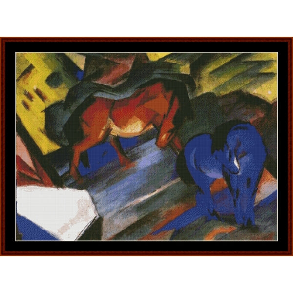 Counted Cross Stitch Pattern – Red and Blue Horse by Franz Marc - Cross Stitch Collectibles - A framed abstract painting featuring two stylized horses in bold geometric blocks of color, including blue, red, yellow, black, and white