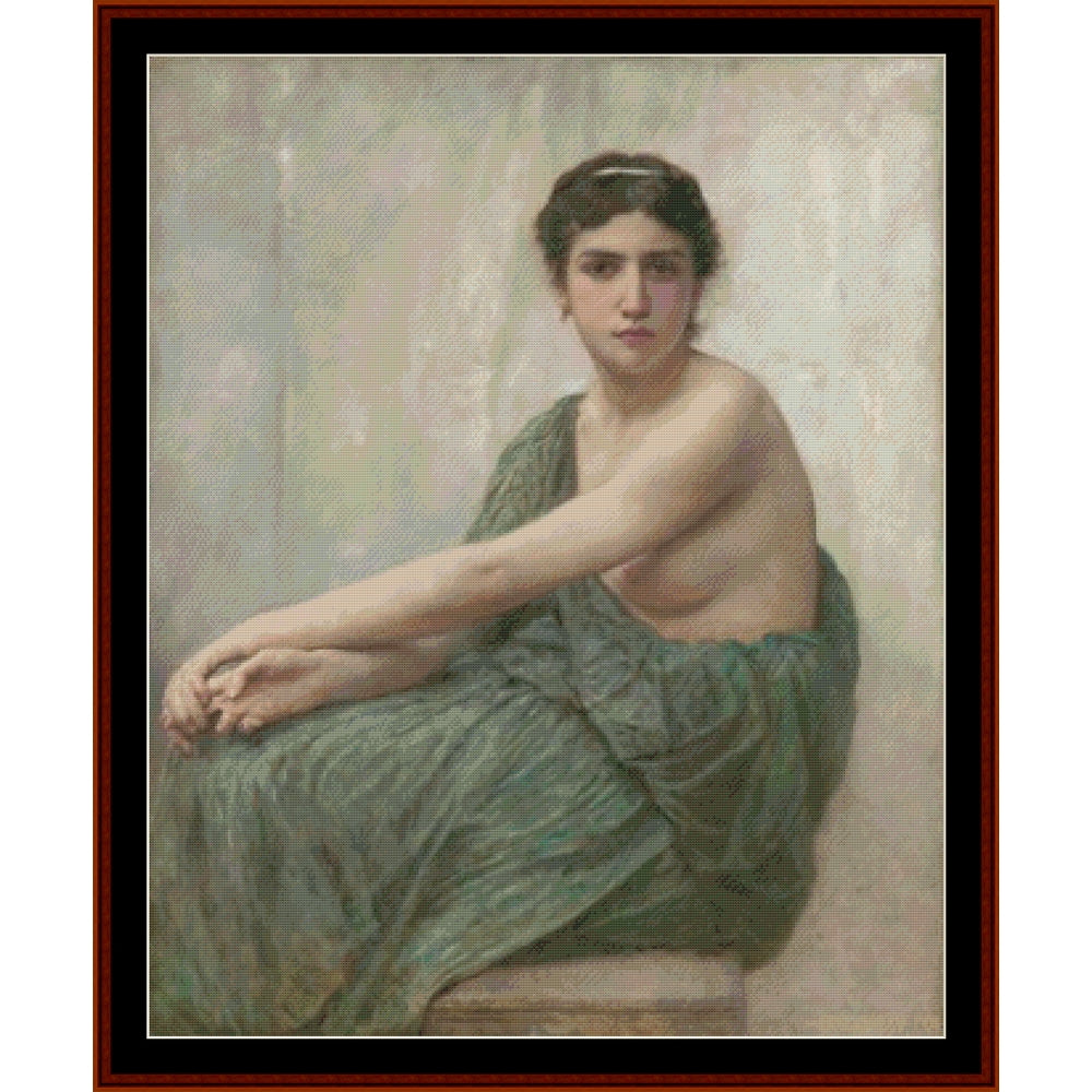 Counted Cross Stitch Pattern – Reflection by William Bouguereau - Cross Stitch Collectibles - A framed classical painting depicting a seated woman with dark hair, draped in muted green and beige tones against a soft neutral background