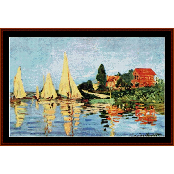Counted Cross Stitch Pattern – Regatta at Argenteuil II by Claude Monet - Cross Stitch Collectibles - A framed impressionist-style painting depicting several sailboats on blue water with reflections, green trees, and a red house on the shore under a pale sky. 