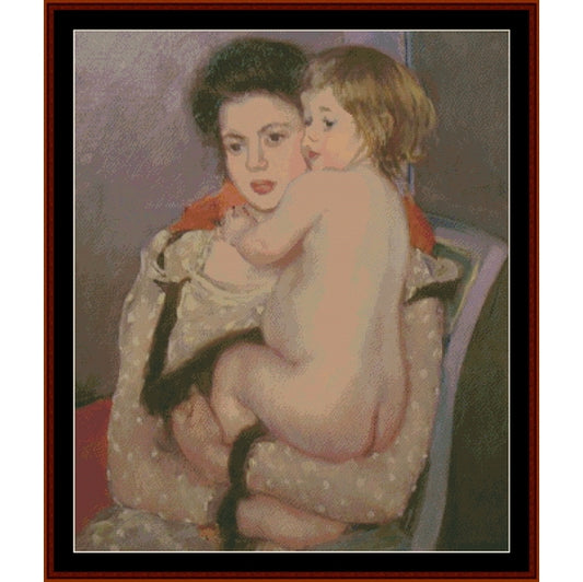 Counted Cross Stitch Pattern – Reine Holding a Baby, 1903 by Mary Cassatt - Cross Stitch Collectibles - A framed art print depicting a painted scene of a woman holding a child