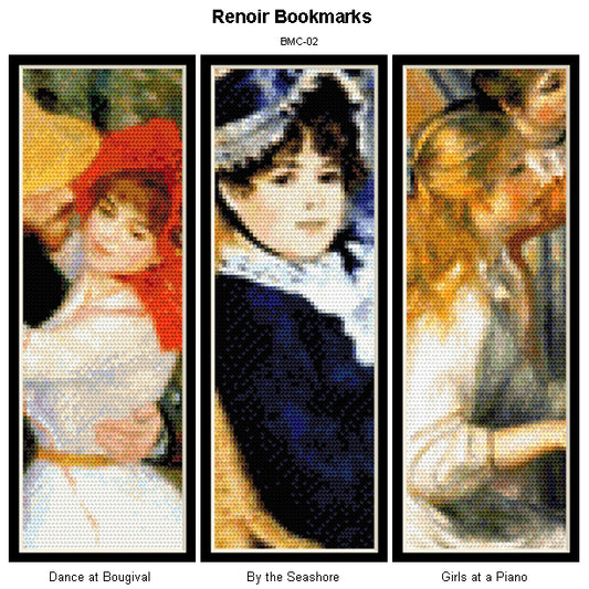 Counted Cross Stitch Pattern – Renoir Bookmark Collection by Pierre Auguste Renoir - Cross Stitch Collectibles - Three vertical Renoir artwork bookmarks  shown side by side under the title 'Renoir Bookmarks' with code 'BMC-02'. The left panel shows a woman in a red hat and white dress, labeled 'Dance at Bougival.