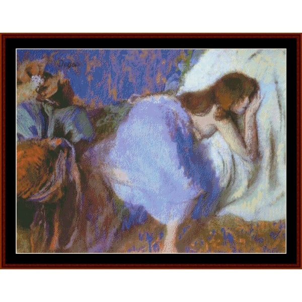 Counted Cross Stitch Pattern – Rest by Edgar Degas - Cross Stitch Collectibles - An impressionist-style framed painting depicting a woman in a flowing lavender dress, with another seated figure at left