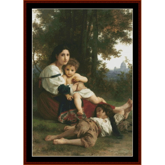 Counted Cross Stitch Pattern – Rest by William Bouguereau - Cross Stitch Collectibles - A framed classical painting depicting a mother and two children in an outdoor wooded setting