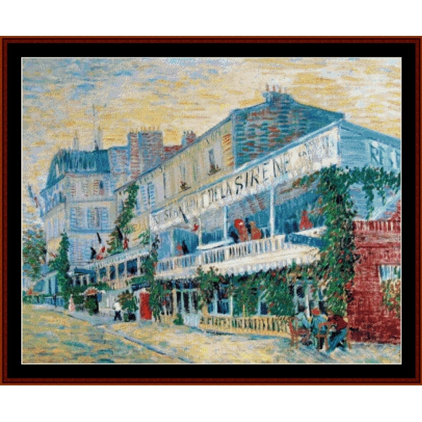 Counted Cross Stitch Pattern – Restaurant de la Sirene at Asnieres by Vincent Van Gogh - Cross Stitch Collectibles - A framed impressionist-style painting depicting a Parisian street scene with multi-story buildings, balconies, greenery, and small figures