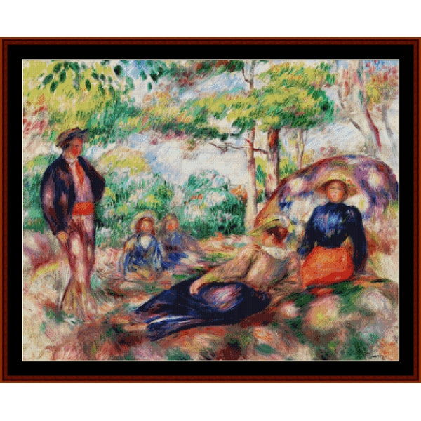 Counted Cross Stitch Pattern – Resting in the Grass by Pierre Auguste Renoir - Cross Stitch Collectibles - A framed impressionist painting depicting several figures in an outdoor garden or park scene with trees, foliage, and earthy brushstrokes.