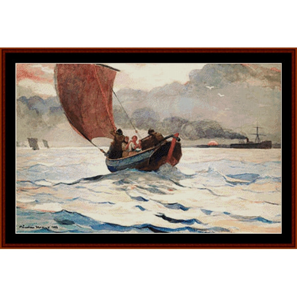 Counted Cross Stitch Pattern – Returning Fishing Boat by Winslow Homer - Cross Stitch Collectibles - A framed watercolor painting of a small sailboat with a red sail navigating choppy blue-gray waves, with smoke and ships in the background under a pale sky.