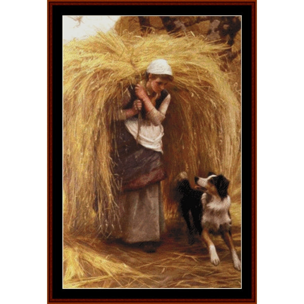 Counted Cross Stitch Pattern – Returning from the Hayfield by Arthur Hacker - Cross Stitch Collectibles - A framed art print depicting a rustic scene of a woman carrying a large bundle of straw while standing in a field, with a black and white dog beside her. 