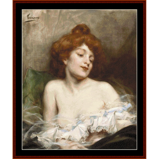 Counted Cross Stitch Pattern – Reverie  by Adrien H. Tanoux - Cross Stitch Collectibles - A framed classical painting depicting a young woman with reddish-brown hair, wearing a white ruffled garment