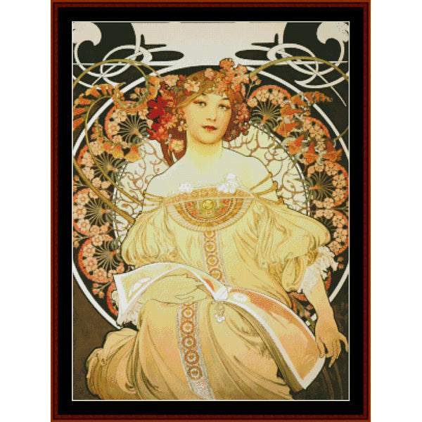 Counted Cross Stitch Pattern – Reverie by Alphonse Mucha - Cross Stitch Collectibles - An Art Nouveau style portrait print featuring a seated woman in a flowing pale yellow dress, surrounded by ornate floral and scroll motifs in black, gold, orange, and cream