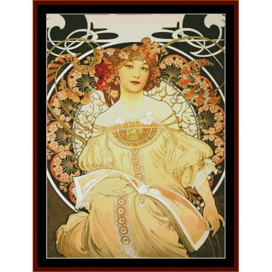 Counted Cross Stitch Pattern – Reverie by Alphonse Mucha - Cross Stitch Collectibles - An Art Nouveau style portrait print featuring a seated woman in a flowing pale yellow dress, surrounded by ornate floral and scroll motifs in black, gold, orange, and cream