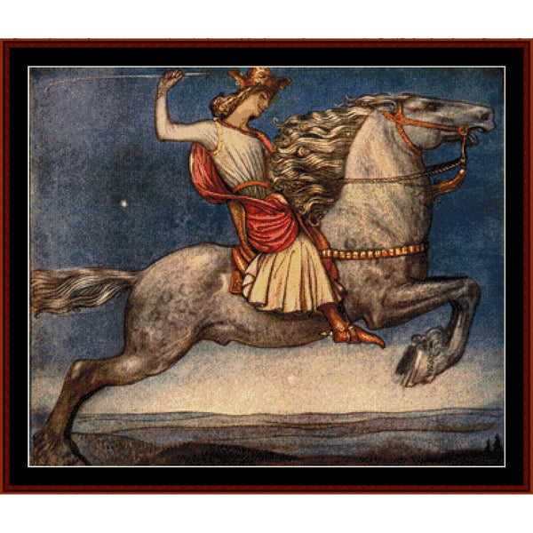 Counted Cross Stitch Pattern – Riddaren Rider by Jon Bauer - Cross Stitch Collectibles - A framed vintage-style artwork showing a woman riding a gray horse against a dark blue sky