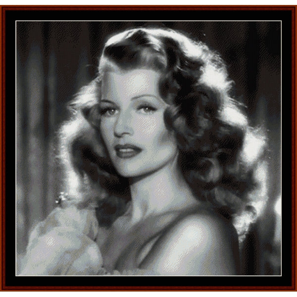Counted Cross Stitch Pattern – Rita Hayworth, Vintage Celebrity - Cross Stitch Collectibles - A framed black and white portrait print of a woman with curled hair