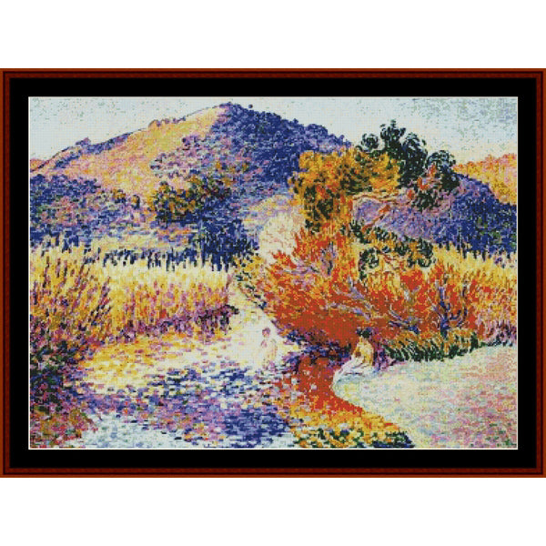 Counted Cross Stitch Pattern – River in Saint Clair - H.E. Cross - Cross Stitch Collectibles - A framed impressionist landscape painting featuring a winding path through golden grasses and trees under purple-blue hills