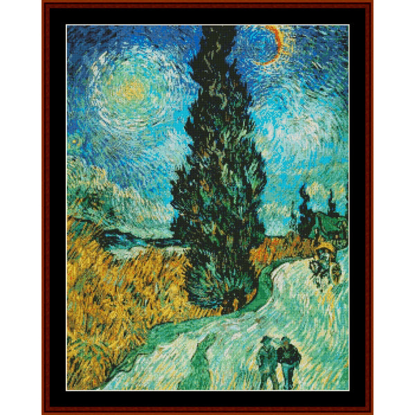 Counted Cross Stitch Pattern – Road with Cypress and Stars by Vincent van Gogh - Cross Stitch Collectibles - A framed art print of Van Gogh's 'Starry Night' featuring a dark cypress tree, swirling blue sky, and golden wheat fields