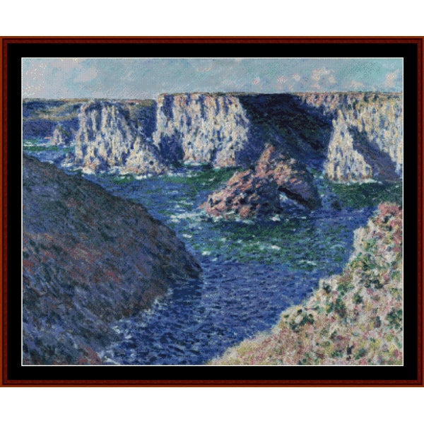 Counted Cross Stitch Pattern – Rocks at Belle Ile by Claude Monet - Cross Stitch Collectibles - Impressionist-style landscape painting of a rocky coastal scene with blue water, pale cliffs