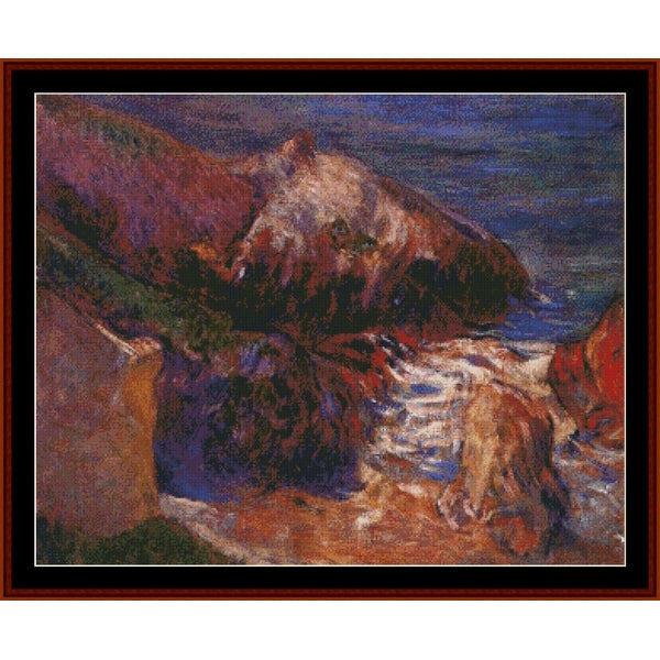 Counted Cross Stitch Pattern – Rocks on the Coast, 1889 by Paul Gauguin - Cross Stitch Collectibles - A framed impressionist landscape painting depicting a rocky coastline with deep blue water, brown and purple cliffs, and white surf