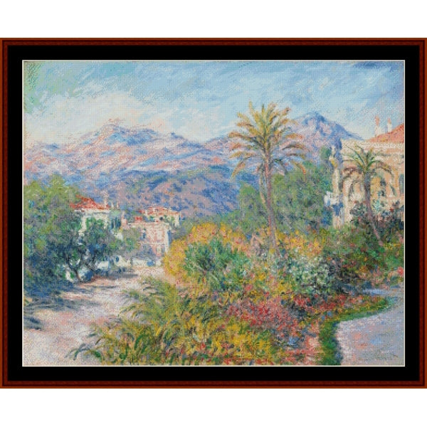 Counted Cross Stitch Pattern – Roman Road at Bordighera by Claude Monet - Cross Stitch Collectibles - A framed impressionist landscape painting featuring mountains, palm trees, a garden path, and buildings under a blue sky
