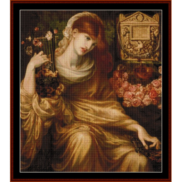 Counted Cross Stitch Pattern – Roman Widow by Dante Gabriel Rosetti - Cross Stitch Collectibles - A framed classical-style artwork showing a seated woman in flowing golden drapery holding flowers, with a dark background and decorative emblem in the upper right. 
