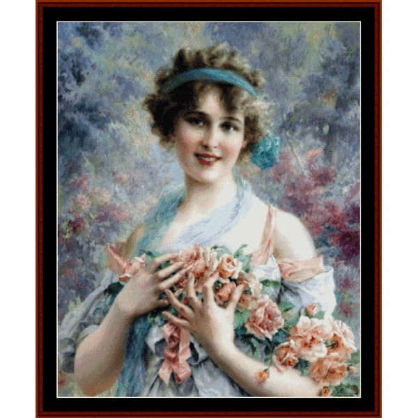 Counted Cross Stitch Pattern – Rose Girl by Emile Vernon - Cross Stitch Collectibles - A framed vintage-style portrait painting of a smiling young woman with curly hair, a blue headband, and a bouquet of pink roses