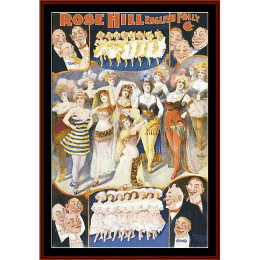 Counted Cross Stitch Pattern – Rose Hill English Folly, Vintage Art - Cross Stitch Collectibles - A framed vintage-style poster or print featuring multiple illustrated female performers in colorful costumes, with caricature faces and the text 'ROSE HILL ENGLISH POLLY &' at the top.