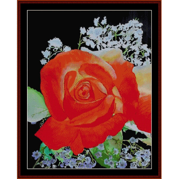 Counted Cross Stitch Pattern – Rose Redux - Cross Stitch Collectibles - A framed floral artwork featuring a large red rose with white baby's breath and green leaves on a black background