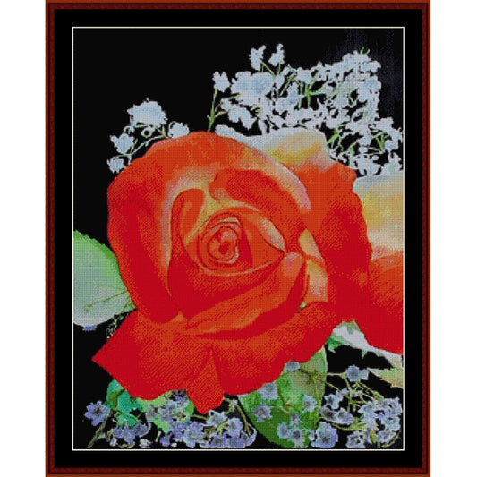 Counted Cross Stitch Pattern – Rose Redux - Cross Stitch Collectibles - A framed floral artwork featuring a large red rose with white baby's breath and green leaves on a black background