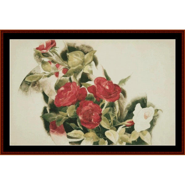Counted Cross Stitch Pattern – Roses by Charles Demuth - Cross Stitch Collectibles - A framed floral artwork showing red roses and green leaves on a light background