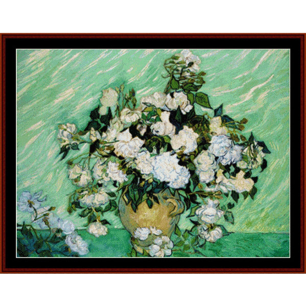 Counted Cross Stitch Pattern – Roses by Vincent Van Gogh - Cross Stitch Collectibles - A framed floral painting featuring a large bouquet of white and pale blue flowers with green leaves in a beige vase, set against a textured mint green background.