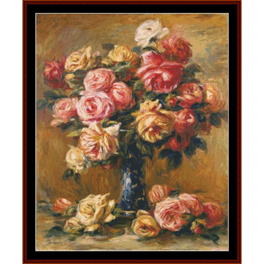 Counted Cross Stitch Pattern – Roses in a Vase by Pierre Auguste Renoir - Cross Stitch Collectibles - A framed still life painting of a bouquet of pink, red, cream, and yellow roses in a dark blue vase, set against a warm brown background