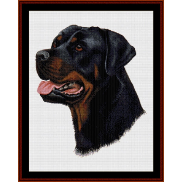 Counted Cross Stitch Pattern – Rottweiler - Cross Stitch Collectibles - A framed portrait artwork of a Rottweiler dog's head in profile, with black and tan fur, pink tongue, and a white background 