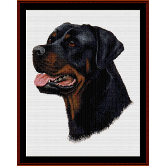 Counted Cross Stitch Pattern – Rottweiler - Cross Stitch Collectibles - A framed portrait artwork of a Rottweiler dog's head in profile, with black and tan fur, pink tongue, and a white background 