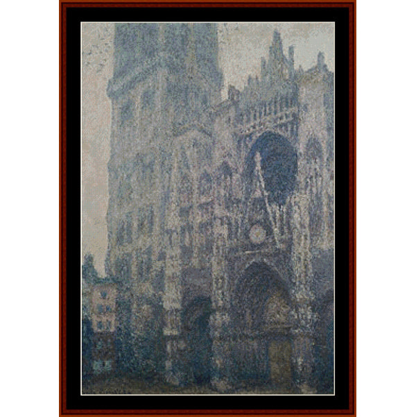 Counted Cross Stitch Pattern – Rouen Cathedral, Grey Weather  - A framed impressionist-style painting of a cathedral facade, rendered in muted blue, gray, and beige brushstrokes