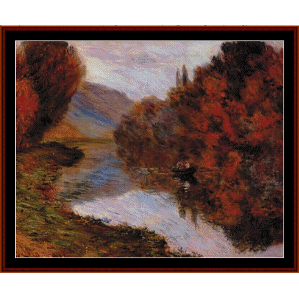 Counted Cross Stitch Pattern – Rowboat on the Seine at Jenfosse by Claude Monet - Cross Stitch Collectibles - An impressionist landscape painting of a river winding through autumn foliage