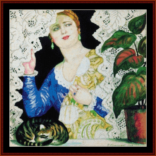 Counted Cross Stitch Pattern – Russian Girl at the Window by Boris Kustodiev - Cross Stitch Collectibles