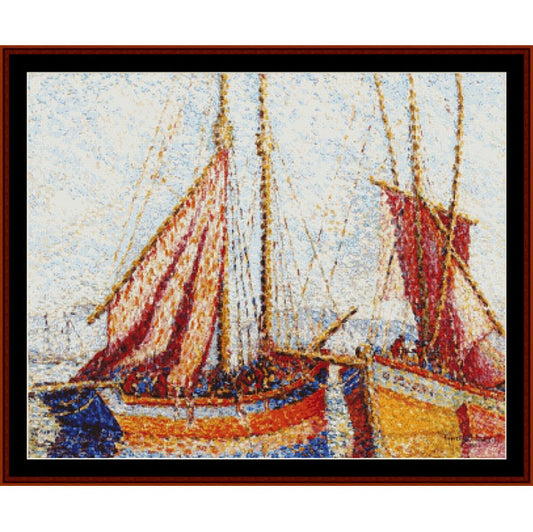 Counted Cross Stitch Pattern – Sailboats by H.E. Cross - Cross Stitch Collectibles - A framed art print depicting a pointillist painting of two sailboats with red and orange sails on a light blue water background